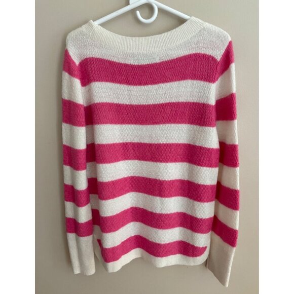LOFT Pink and White Striped Fuzzy Warm Textured Shirttail Sweater Size Large - Picture 4 of 12